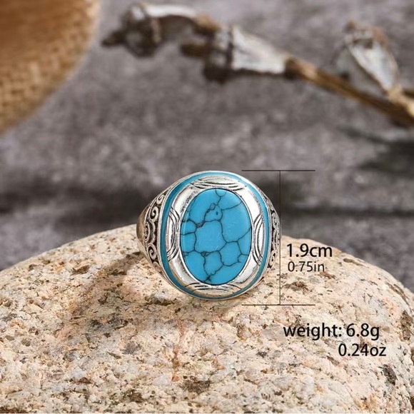 Blue Turquoise Color Stone Stainless Steel Ring - Picture 6 of 7